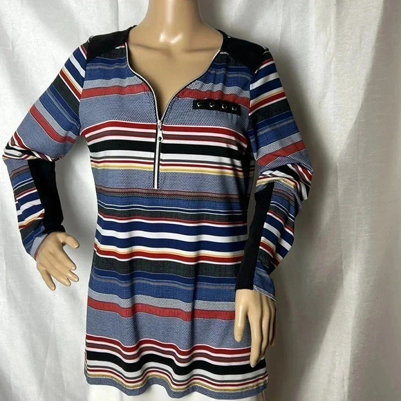 LE GRENIER striped blouse,front 3/4 zip,faux laced pocket, velvet  patches. - Picture 3 of 12